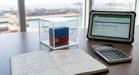 Infografía conceptual sobre el cálculo de peso vs volumen para flete marítimo LCL en Perú