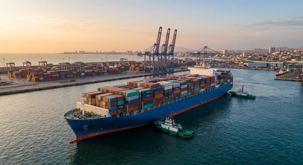 Buque de carga internacional llegando al puerto del Callao, Perú, con flete marítimo